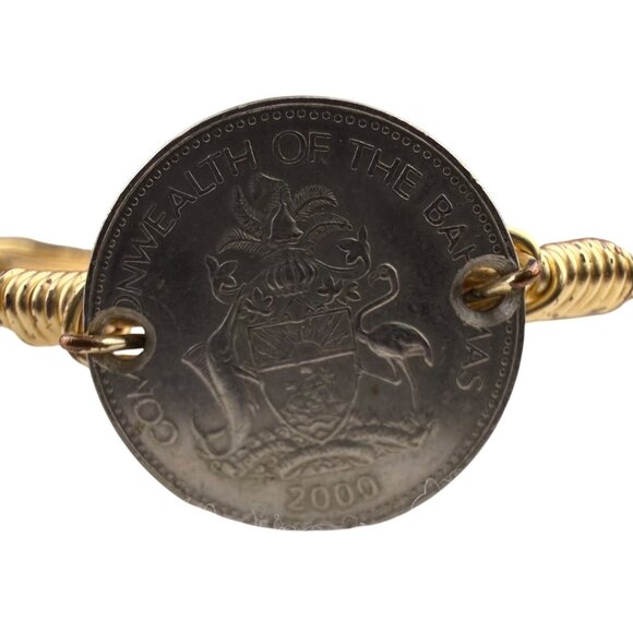 Coin-Inspired Womens Gold Tone Wire Bangle Bracelet - Picture 3 of 5